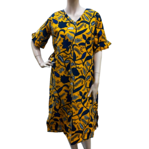 Jurk Gele Blauwe Bloemen Ghanese Stijl - Feestelijke Dress met Strik en Zak