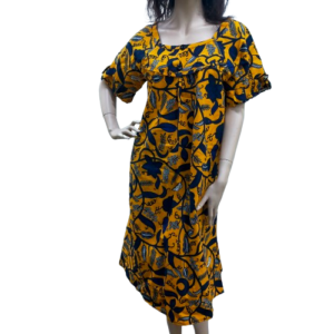 Jurk Gele Blauwe Bloemen Ghanese Stijl - Feestelijke Afrikaanse Dress met Zak