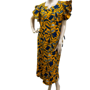 Jurk Gele Blauwe Bloemen Ghanese Stijl 2 - Feestelijke Afrikaanse Dress met Zak