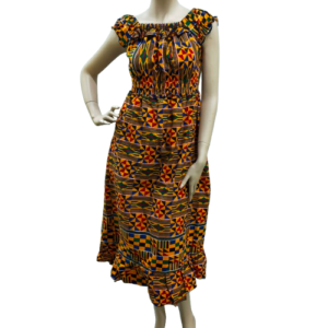 Gele Kente Jurk met Blauwe Driehoek - Authentiek Afrikaans Zomerjurkje voor Dames