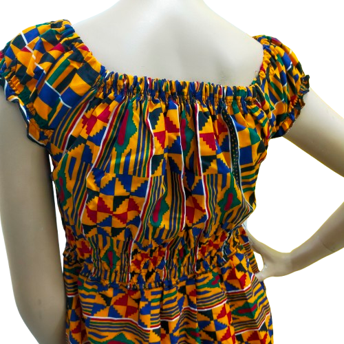 Gele Kente Jurk met Blauwe Driehoek - Authentiek Afrikaans Zomerjurkje - Afbeelding 2