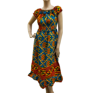 Gele Kente Jurk Light Blauw - Comfortabel Afrikaans Zomerjurkje met Elastiek