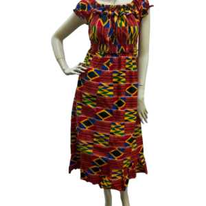 Gele Kente Jurk Streepjes Donker Rood - Afrikaanse Mode met Elastische Band