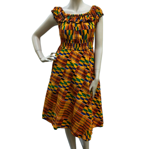 Gele Kente Jurk Streepjes - Kort Afrikaans Jurkje met Elastische Taille