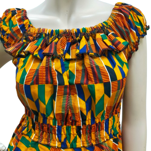 Gele Kente Jurk Streepjes - Kort Afrikaans Jurkje met Elastische Taille - Afbeelding 3