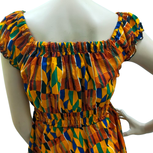 Gele Kente Jurk Streepjes - Kort Afrikaans Jurkje met Elastische Taille - Afbeelding 2