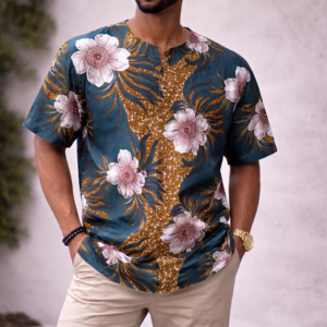 Herenhemd Blauw Bloemen - Afrikaanse Print - Maat 10XL
