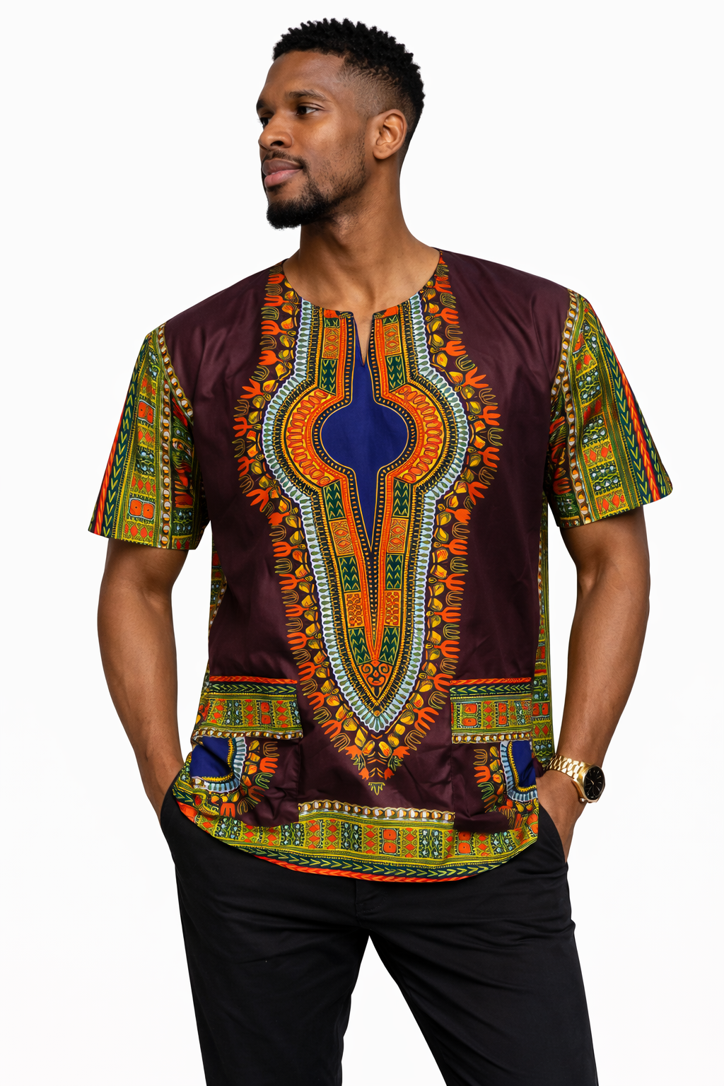 Heren Dashiki Bruin - Culturele Afrikaanse Kaftan - L76 PTP74